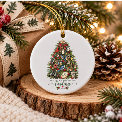May include: A round white ceramic ornament featuring a colorful illustration of a Christmas tree decorated with various bird species, birdhouses, binoculars, and a book. The text reads THE YEAR I DISCOVERED birding 2026 with a small red heart.