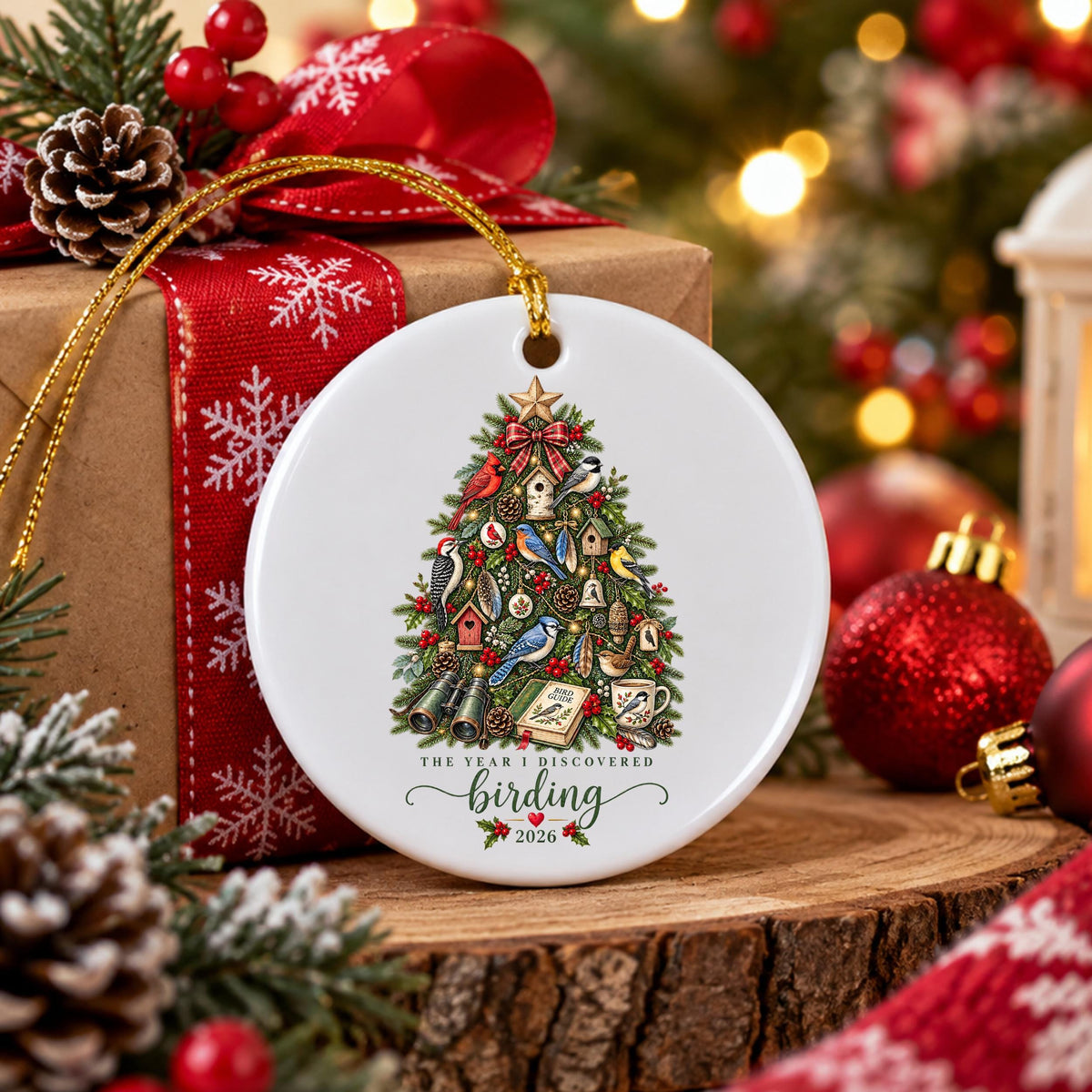May include: A round white ceramic ornament featuring a Christmas tree illustration decorated with various bird species, birdhouses, binoculars, and a bird guide book. The text reads THE YEAR I DISCOVERED birding 2026 with a small red heart.