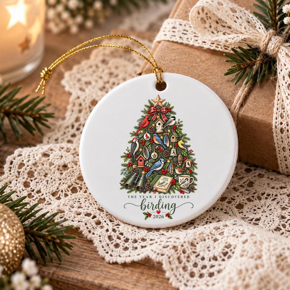 May include: A round white ceramic ornament with a gold hanging string. The center features a Christmas tree illustration decorated with various birds, birdhouses, binoculars, and a book. Text reads: THE YEAR I DISCOVERED birding 2026.