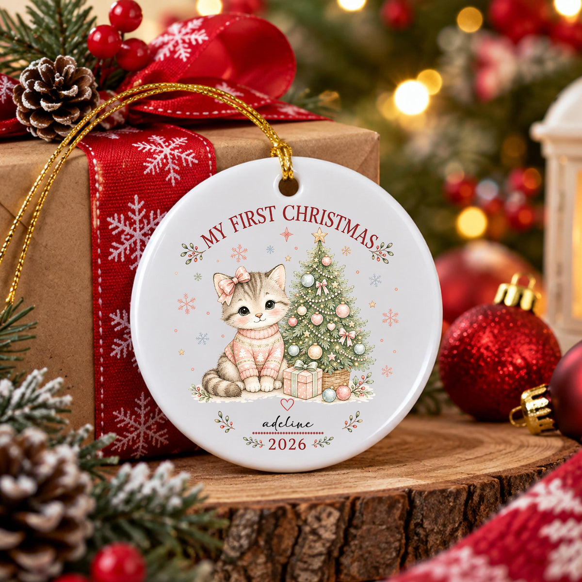 May include: A round white ceramic Christmas ornament featuring a gray tabby kitten wearing a pink sweater and bow, a decorated Christmas tree, and a gift box. The text reads MY FIRST CHRISTMAS, adeline, and 2026, with a gold hanging string.