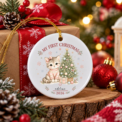 May include: A round white ceramic Christmas ornament featuring a gray tabby kitten wearing a pink sweater and bow, a decorated Christmas tree, and a gift box. The text reads MY FIRST CHRISTMAS, adeline, and 2026, with a gold hanging string.