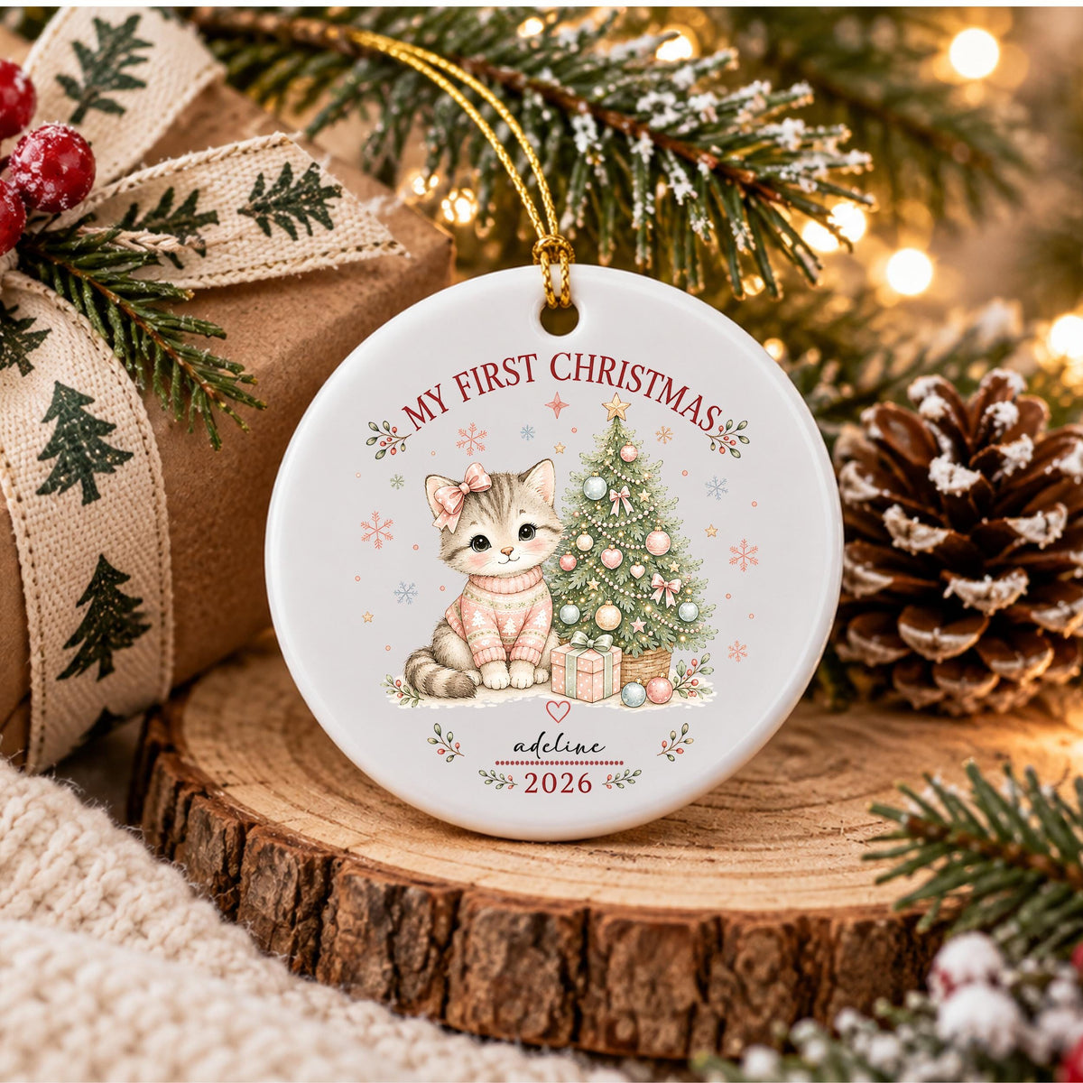 May include: A round white ceramic ornament featuring a graphic of a kitten wearing a pink sweater and bow next to a decorated Christmas tree. The text reads MY FIRST CHRISTMAS, adeline, and 2026. It includes a gold hanging string at the top.