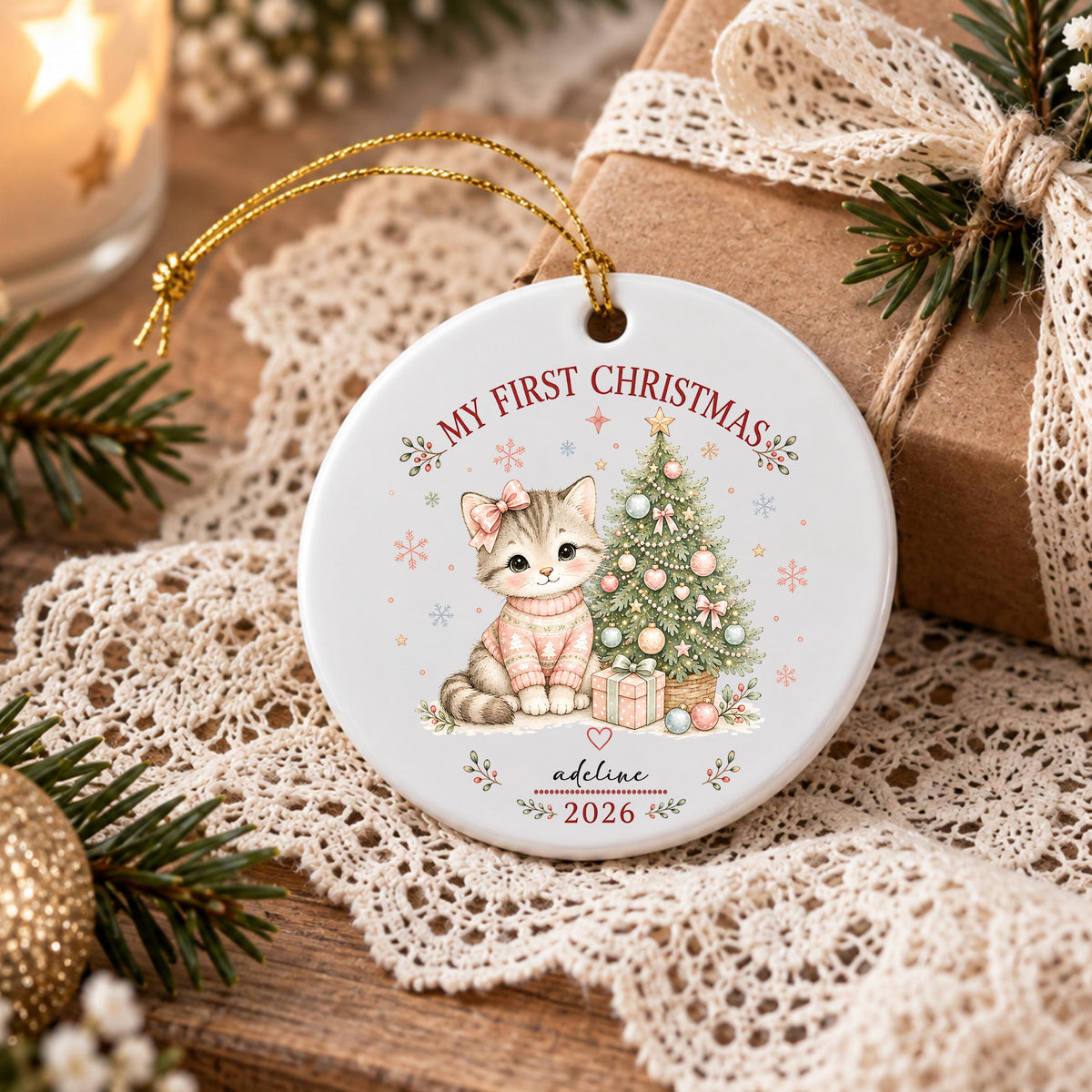 May include: A round white ceramic Christmas ornament featuring a graphic of a kitten wearing a pink sweater and bow next to a decorated Christmas tree. The text reads MY FIRST CHRISTMAS, adeline, and 2026. It includes a gold hanging string.