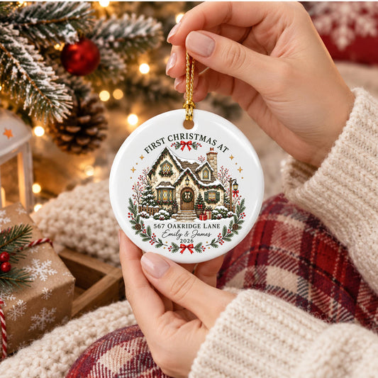 May include: A round white ceramic Christmas ornament featuring a colorful illustration of a snow-covered cottage. The text reads First Christmas at 567 Oakridge Lane, Emily & James, 2026. It includes a gold hanging cord and decorative greenery.