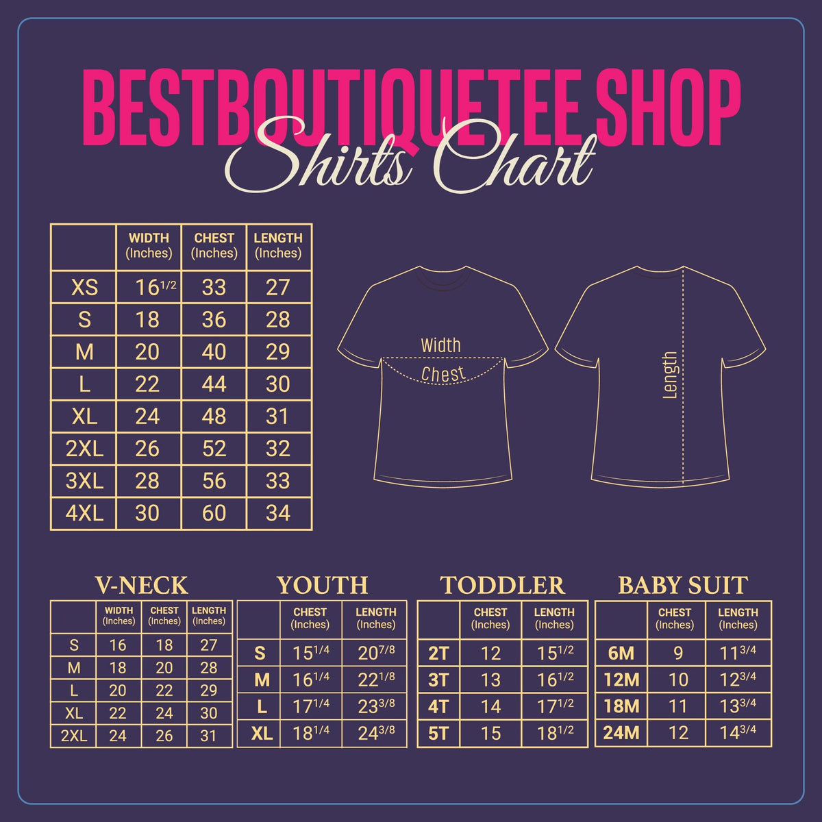 May include: A dark purple sizing chart for BESTBOUTIQUETEE SHOP featuring a t-shirt diagram with width, chest, and length measurements in inches. It includes tables for standard, V-neck, youth, toddler, and baby suit sizes with specific imperial values.