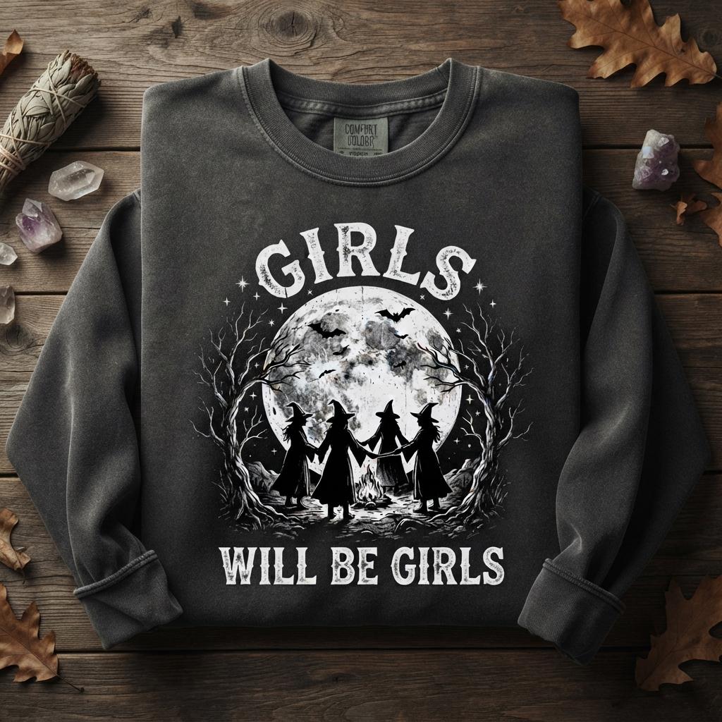 May include: A charcoal gray crewneck sweatshirt featuring a white graphic print of four figures in witch hats holding hands around a campfire. Above the scene is a large full moon with bats, and the text reads GIRLS WILL BE GIRLS in white.