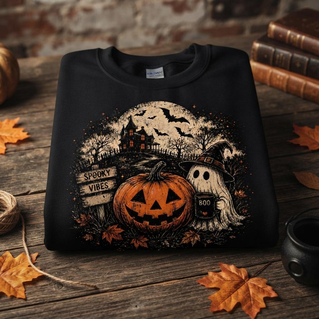 May include: A black crewneck sweatshirt featuring a graphic print of a jack-o'-lantern, a ghost wearing a witch hat holding a mug labeled BOO, a haunted house, and a wooden sign that reads SPOOKY VIBES against a large full moon background.