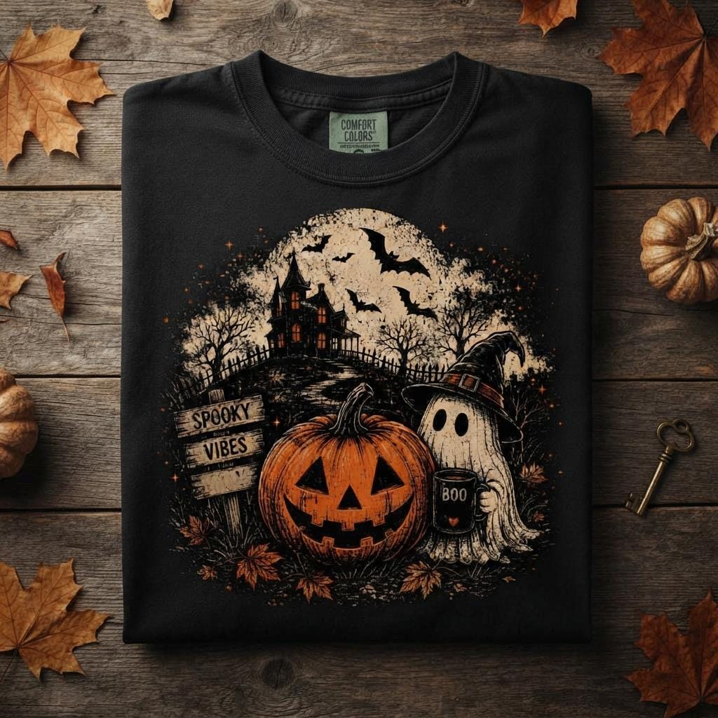 May include: A black t-shirt featuring a graphic print of a jack-o'-lantern, a ghost wearing a witch hat holding a mug labeled BOO, a haunted house, bats, and a sign that reads SPOOKY VIBES. The shirt has a Comfort Colors brand neck label.