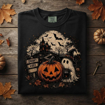 May include: A black t-shirt featuring a graphic print of a jack-o'-lantern, a ghost wearing a witch hat holding a mug labeled BOO, a haunted house, bats, and a sign that reads SPOOKY VIBES. The shirt has a Comfort Colors brand neck label.