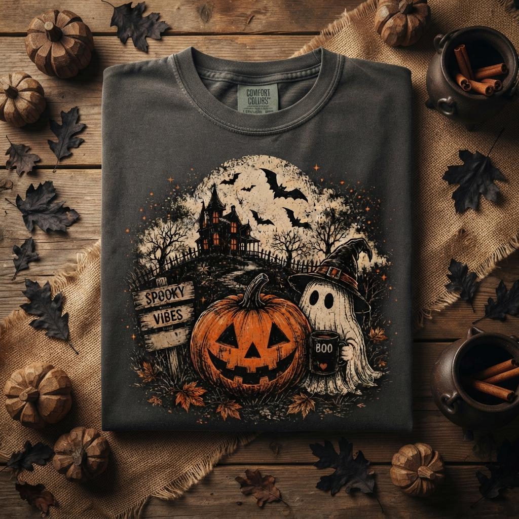 May include: A charcoal gray t-shirt featuring a graphic print of a jack-o'-lantern, a ghost wearing a witch hat holding a mug labeled 'BOO', a haunted house, bats, and a wooden sign that reads 'SPOOKY VIBES' under a large full moon.