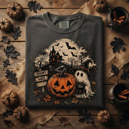 May include: A charcoal gray t-shirt featuring a graphic print of a jack-o'-lantern, a ghost wearing a witch hat holding a mug labeled 'BOO', a haunted house, bats, and a wooden sign that reads 'SPOOKY VIBES' under a large full moon.