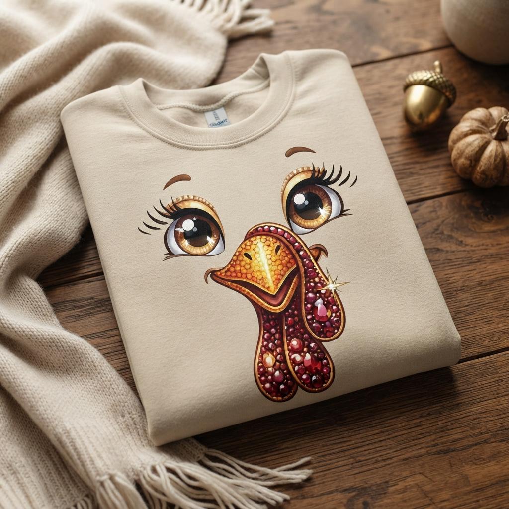 May include: A beige crewneck sweatshirt featuring a graphic print of a turkey face with large brown eyes, long eyelashes, and a textured, multi-colored beak and wattle rendered in shades of orange, red, and gold with a sparkling effect.