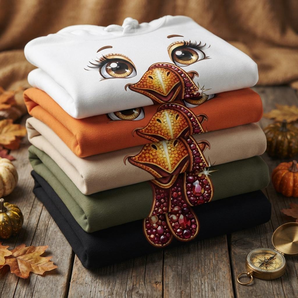 May include: A stack of five folded hooded sweatshirts in white, orange, beige, olive green, and black. Each hoodie features a graphic print of a turkey face with large brown eyes, long eyelashes, and a textured, jewel-toned wattle and beak.