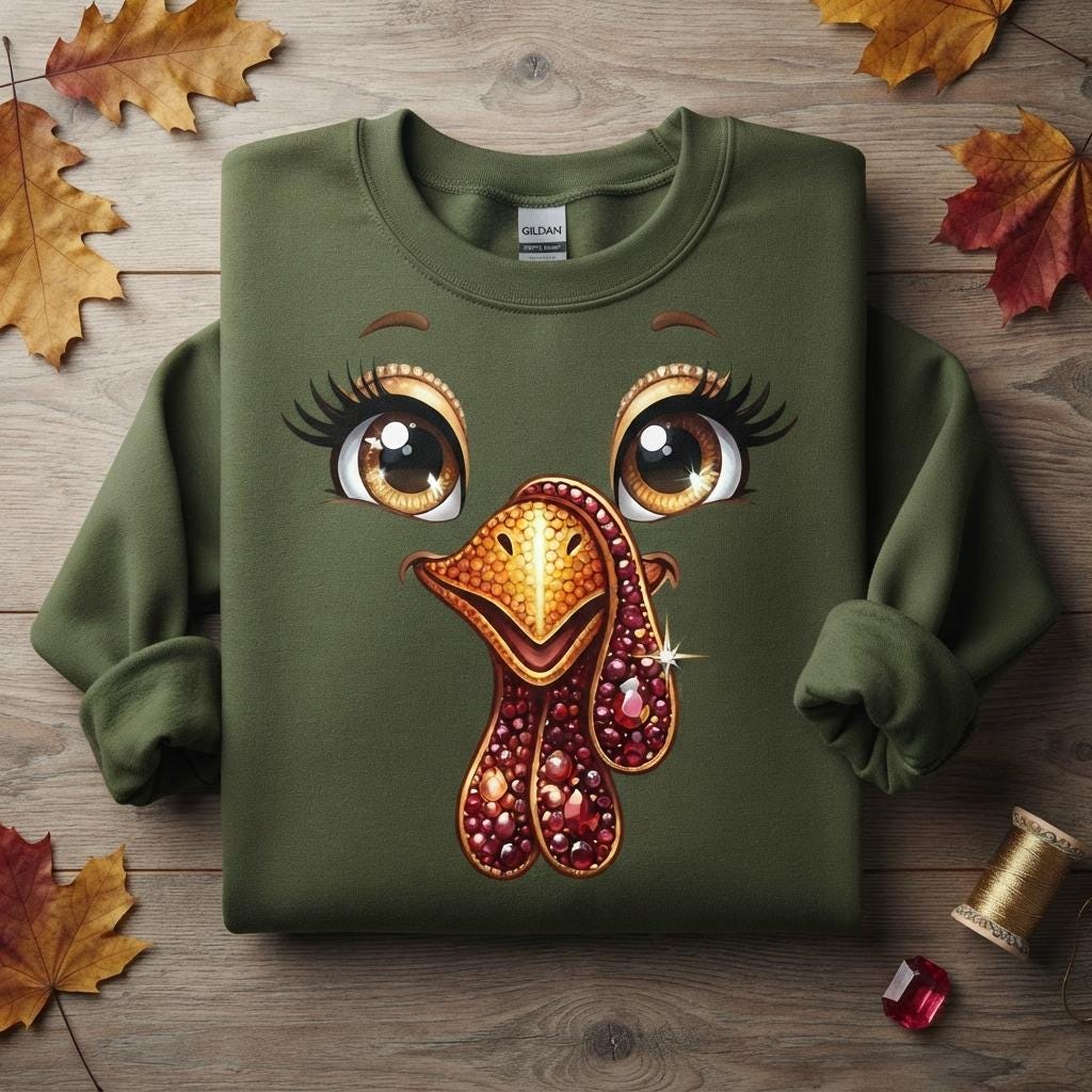May include: An olive green crewneck sweatshirt featuring a graphic print of a turkey face with large brown eyes, long eyelashes, and a textured, jewel-toned wattle and beak design. The Gildan brand tag is visible at the inner neckline.