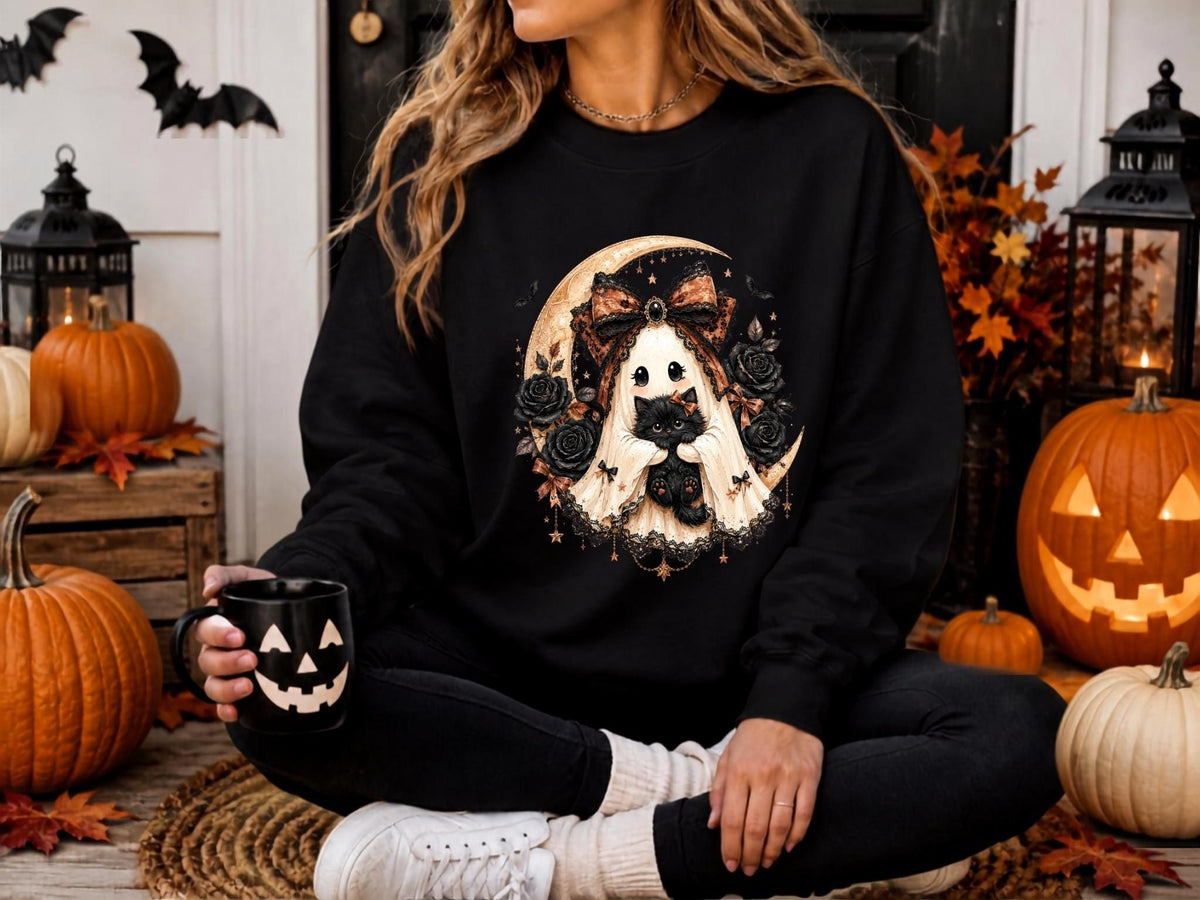 May include: A black long-sleeve sweatshirt featuring a graphic print of a white ghost wearing a large orange and black patterned bow, holding a small black kitten, surrounded by black roses and a crescent moon against a dark background.