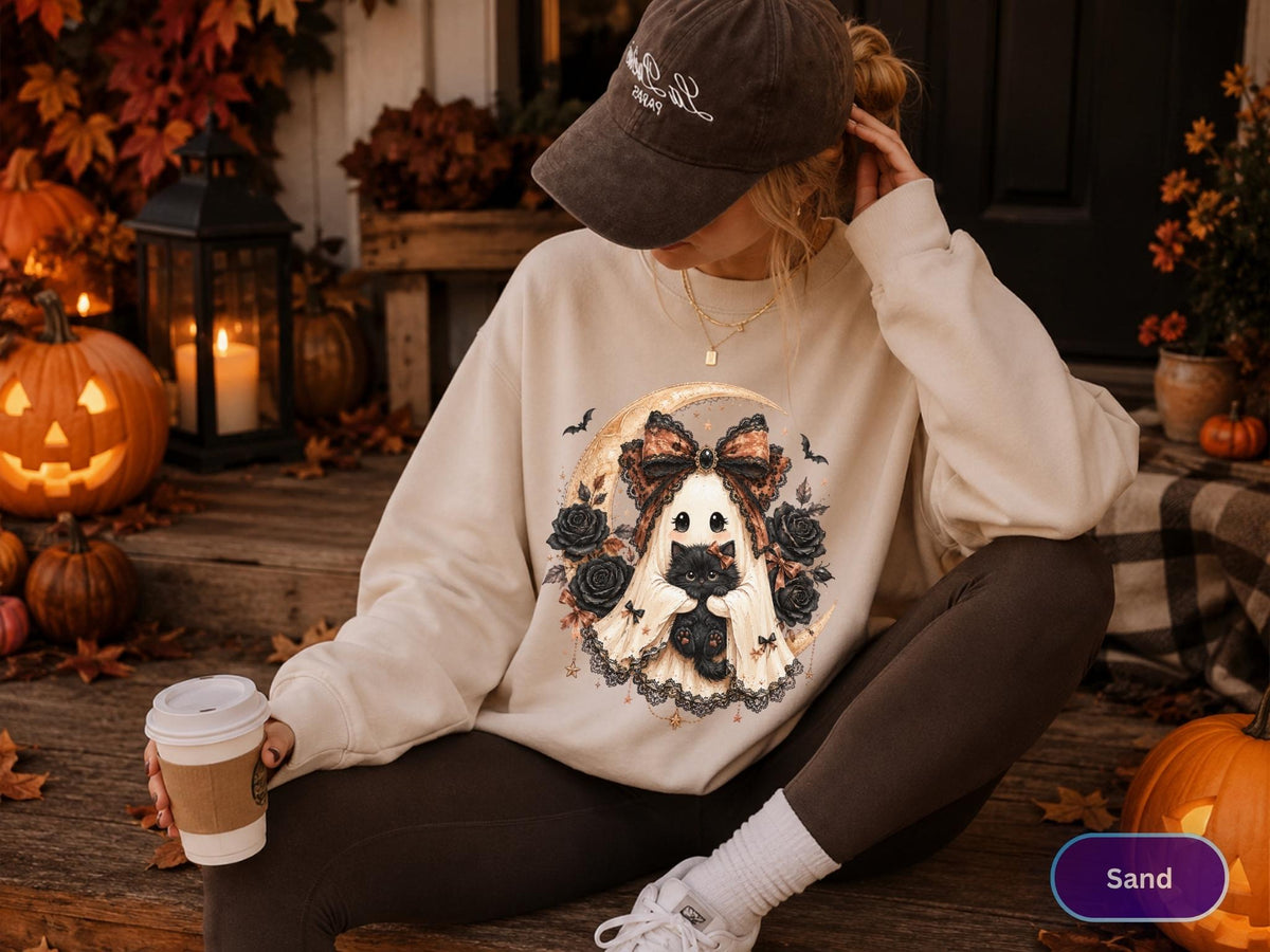 May include: A sand-colored crewneck sweatshirt featuring a graphic print of a ghost wearing a large lace bow, holding a black cat, surrounded by black roses and a crescent moon. The design includes small bats and intricate lace-like details.