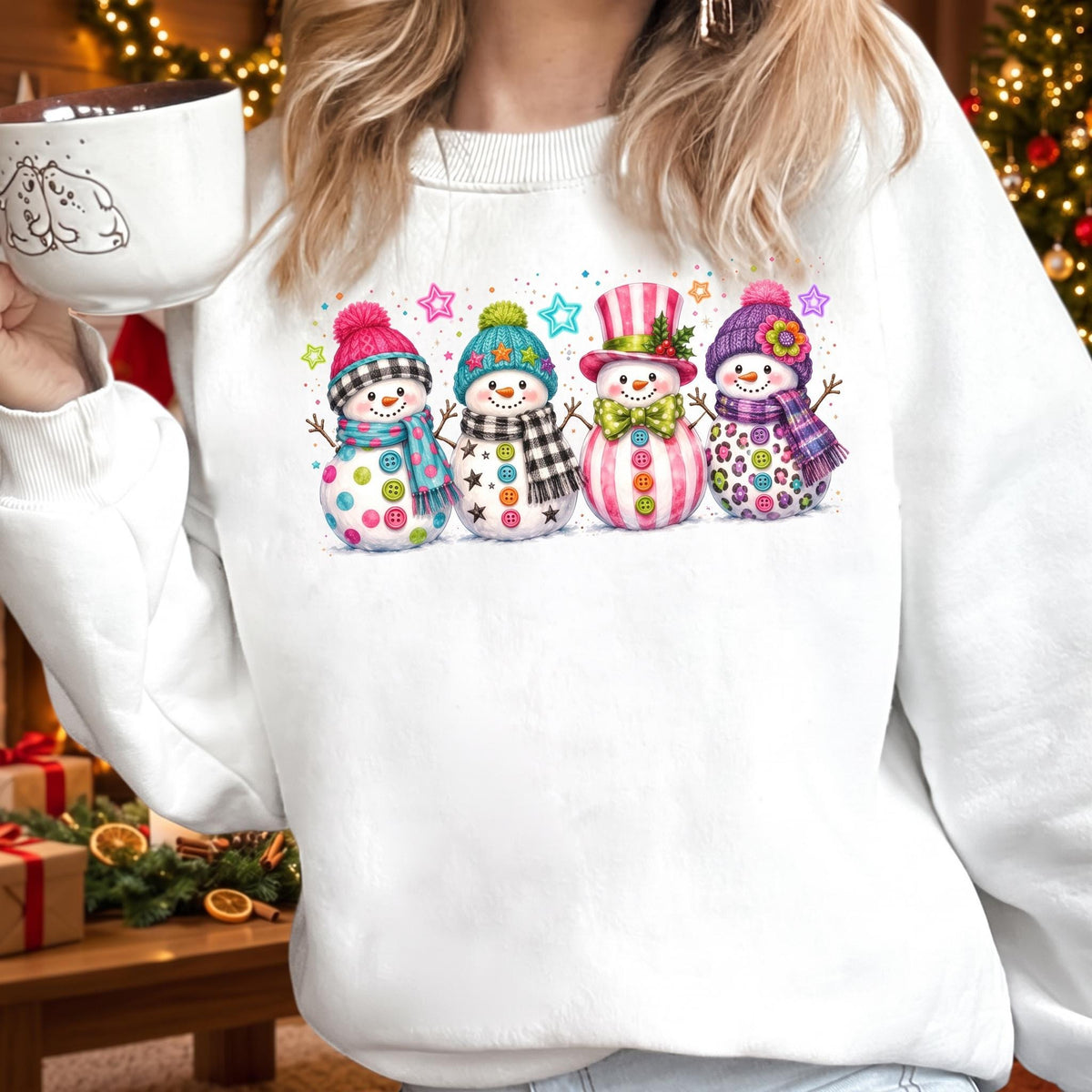 Colorful Christmas snowman graphic hoodie, sweatshirt and t-shirt with vibrant button details, festive holiday gift for women and men, unisex apparel