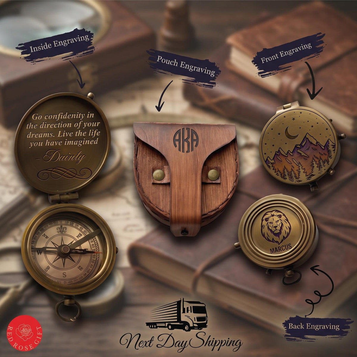 May include: A brass compass with an open lid showing an engraved quote, a closed compass with a mountain and moon design, a compass with a lion head engraving, and a wooden pouch with a monogram. Text includes Go confidently in the direction of your dreams.