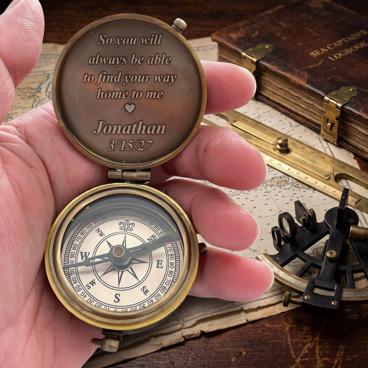 May include: A round brass pocket compass with a hinged lid. The interior lid is engraved with the text: So you will always be able to find your way home to me, a heart symbol, Jonathan, and 3/15/27. The compass face features a needle and cardinal directions.
