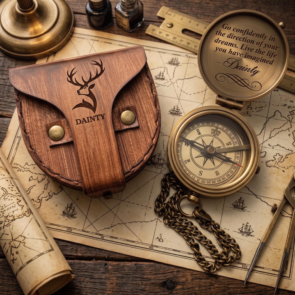 May include: A wooden case with a deer silhouette and the text Dainty, paired with a brass pocket compass featuring a chain and an engraved lid that reads: Go confidently in the direction of your dreams. Live the life you have imagined - Dainty.