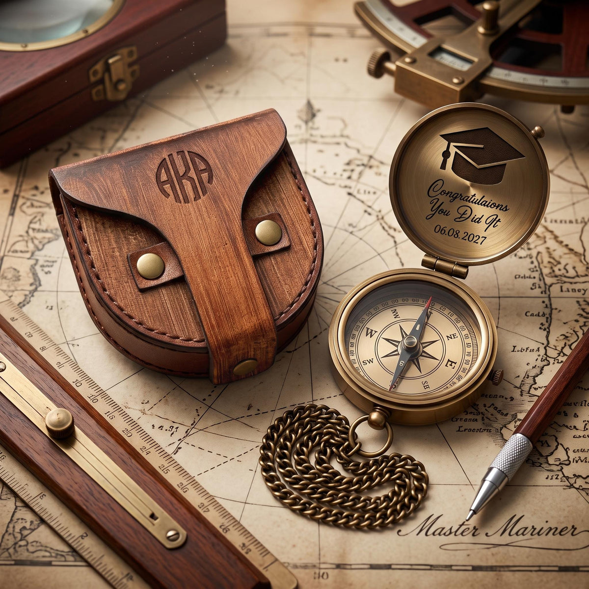 May include: A brass pocket compass with a chain, featuring an open lid engraved with a graduation cap, the text "Congratulaions You Did It", and the date "06.08.2027". Beside it sits a brown leather pouch with the monogram "AKA" and brass snaps.