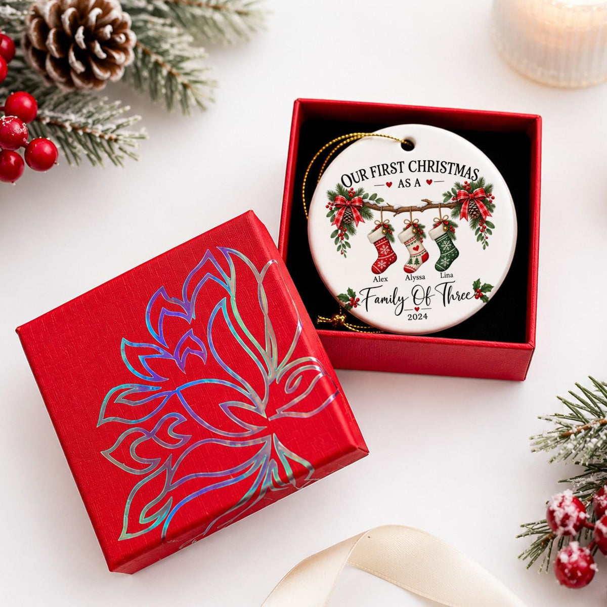 Family Of Three Christmas Ornament, Custom New Family Ornament, Baby's First Christmas Ornament, Personalized Family Ornament