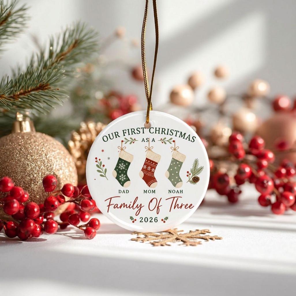 May include: A round white ceramic Christmas ornament hanging from a gold string. It features three illustrated stockings labeled Dad, Mom, and Noah, with the text Our First Christmas As A Family Of Three and the year 2026 printed in red and green.