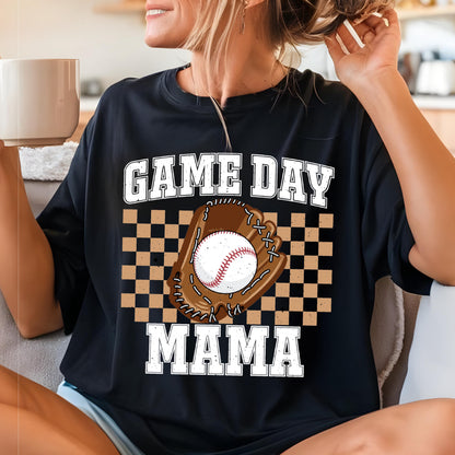 May include: Black t-shirt with a white graphic that says "GAME DAY MAMA" with a baseball and glove illustration.