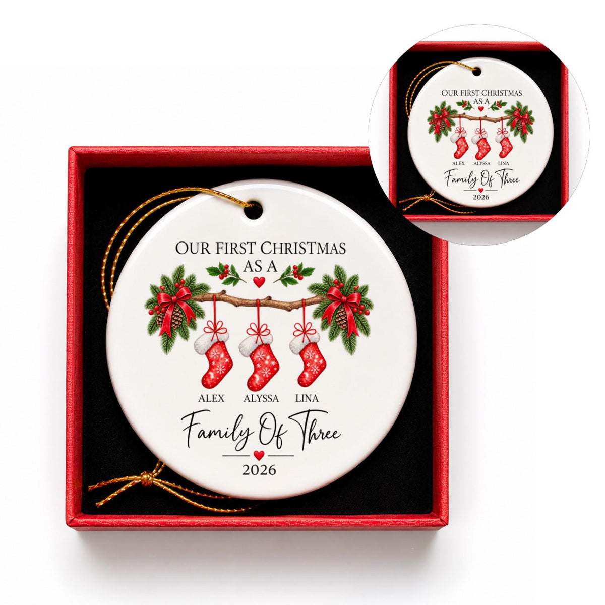 Personalized Family of Three Christmas Ornament, Custom Stocking Design (Ceramic or Glass) Copy
