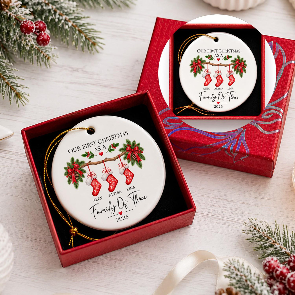 Personalized Family of Three Christmas Ornament, Custom Stocking Design (Ceramic or Glass) Copy