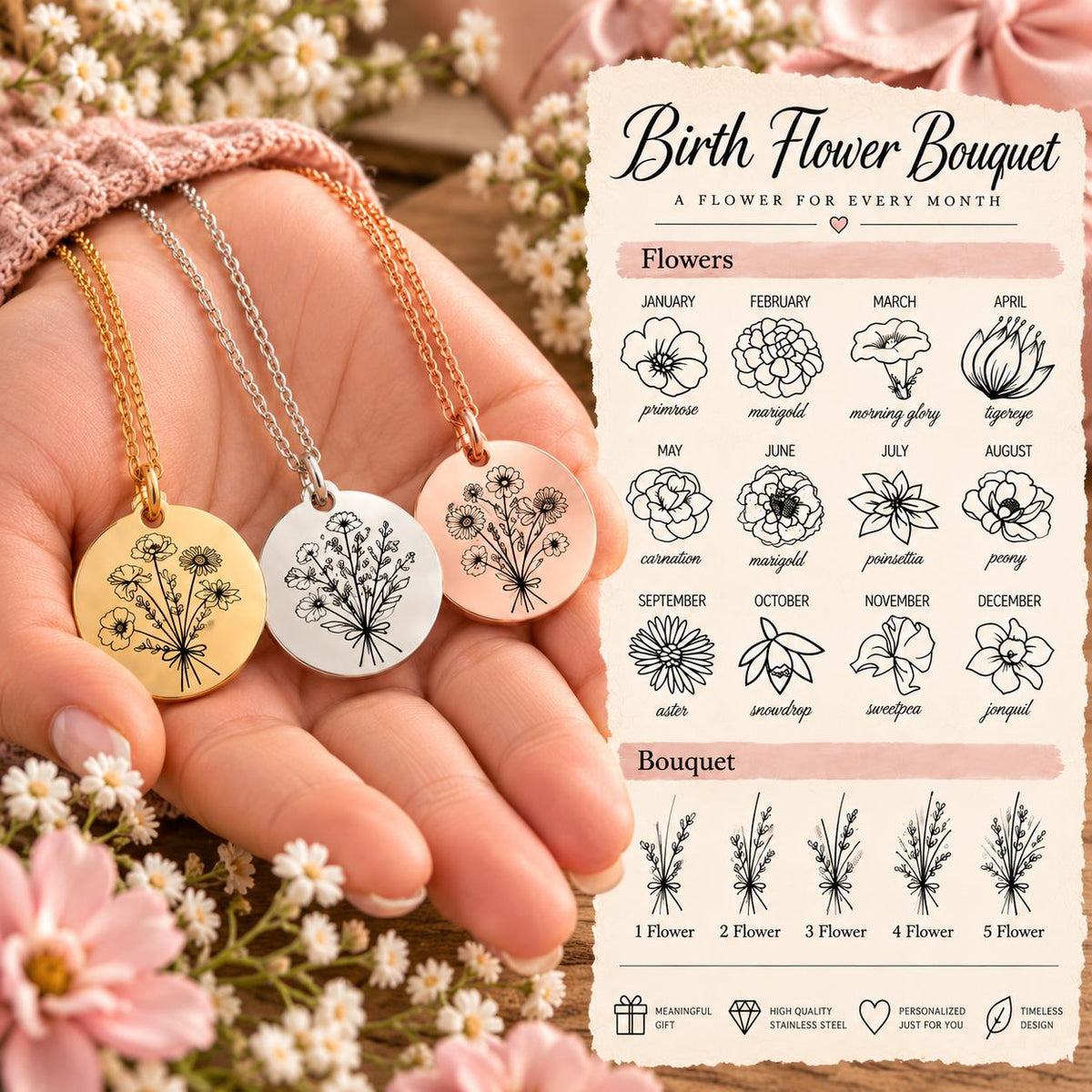 May include: Three circular metal pendants on chains in gold, silver, and rose gold tones, each engraved with a black floral bouquet illustration. Beside them, a chart titled Birth Flower Bouquet lists twelve months with corresponding flower drawings.