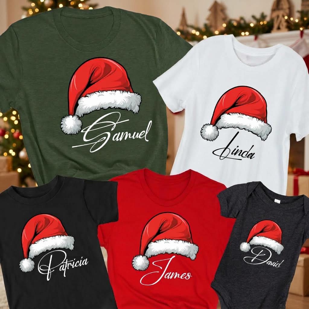 May include: A collection of five shirts and a bodysuit in olive green, white, red, black, and charcoal gray. Each garment features a graphic of a red Santa hat with white trim and a personalized name written in a cursive script: Samuel, Linda, Patricia, James, and David.