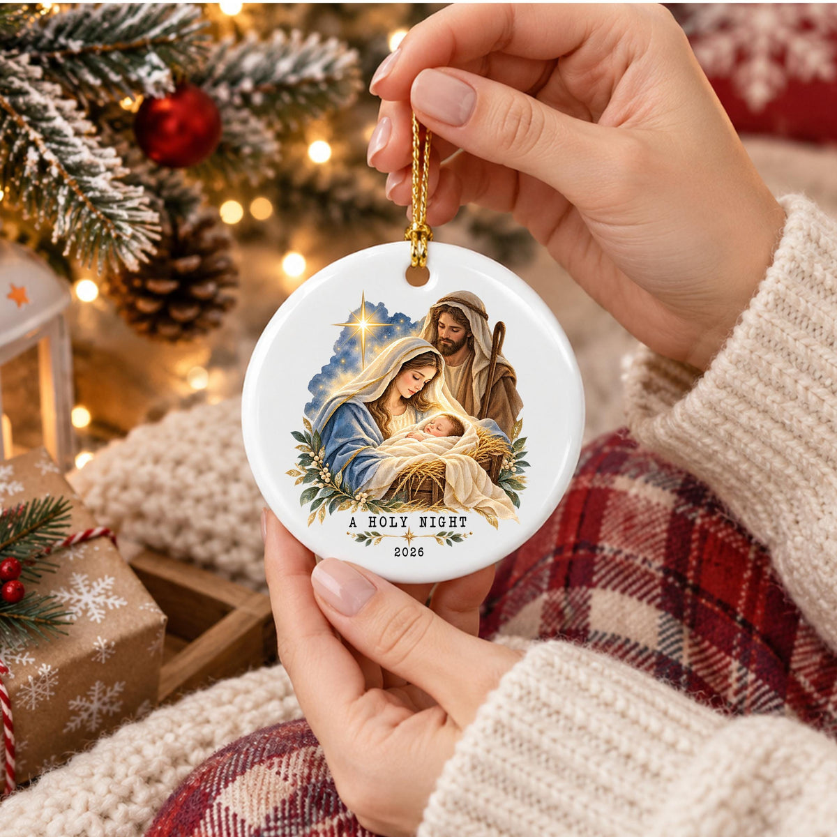 May include: A round white ceramic Christmas ornament featuring a colorful illustration of the Nativity scene with Mary, Joseph, and the baby Jesus under a bright star. The text A HOLY NIGHT and the year 2026 are printed in black at the bottom.