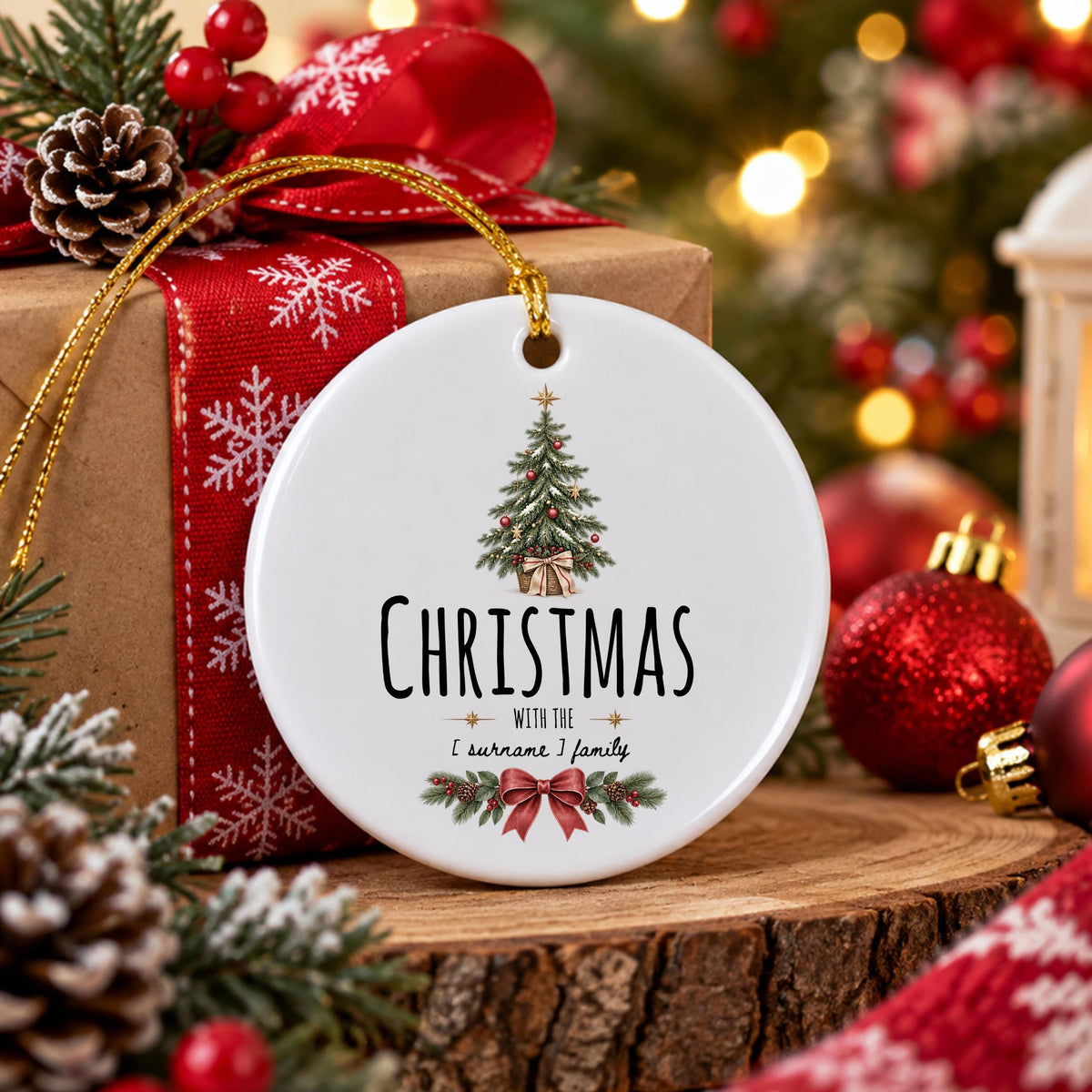 May include: A round white ceramic ornament featuring a green Christmas tree illustration, the text "CHRISTMAS WITH THE [ surname ] family" in black, and a red bow graphic with pine branches at the bottom, suspended by a gold string.