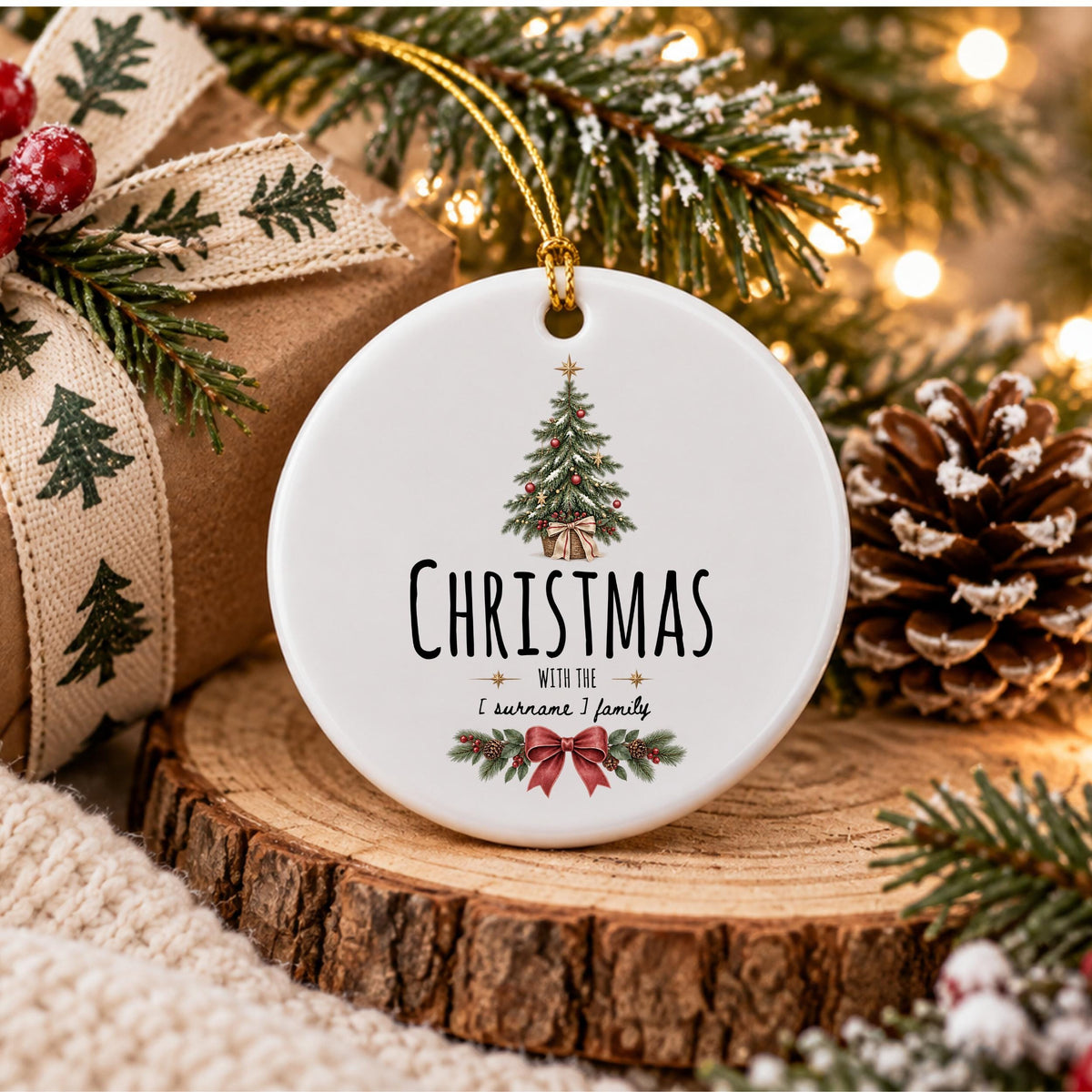 May include: A round white ceramic Christmas ornament featuring a printed illustration of a decorated pine tree, a red bow, and the text "CHRISTMAS WITH THE [ surname ] family" in black lettering, suspended by a thin gold cord for hanging.