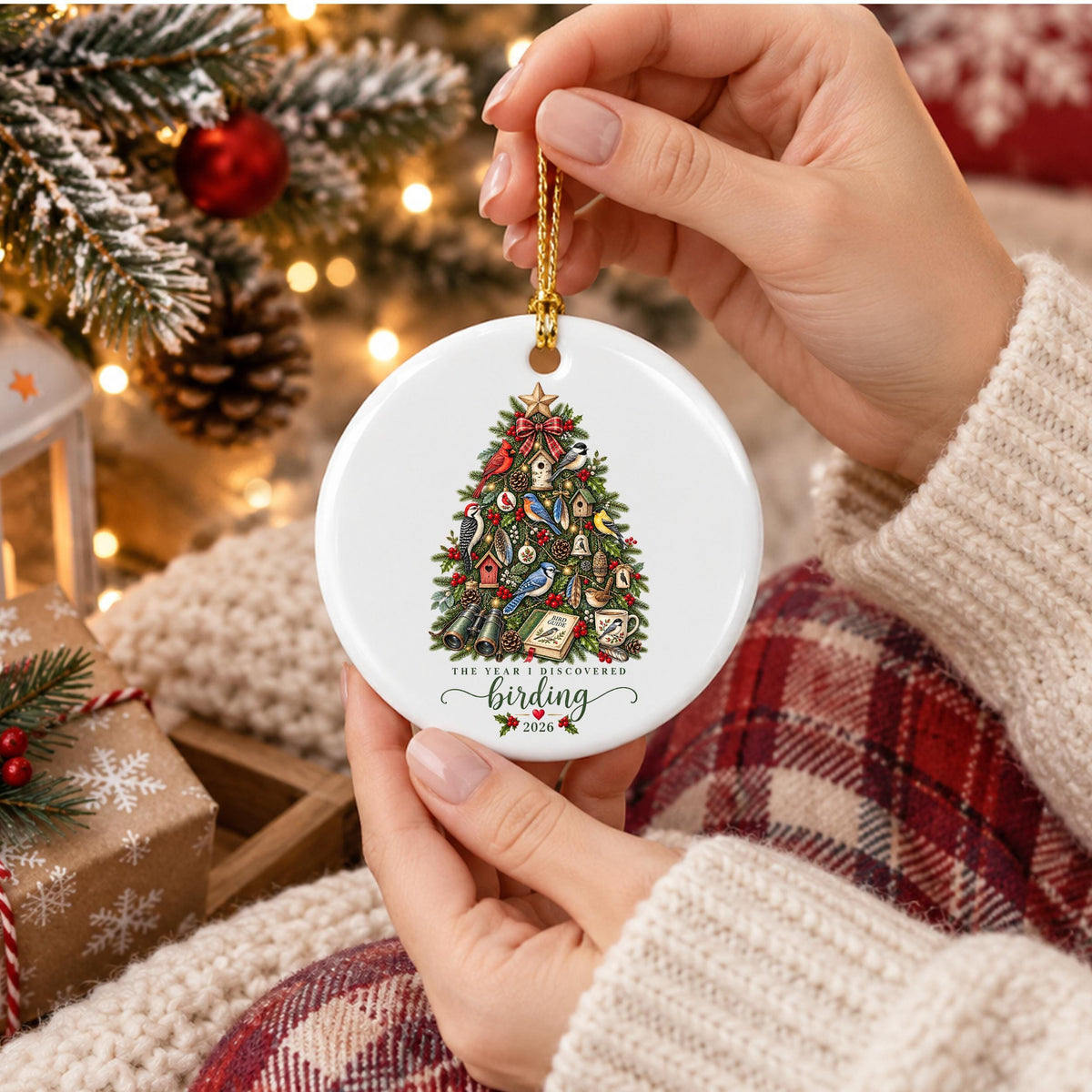 May include: A round white ceramic ornament featuring a colorful illustration of a Christmas tree decorated with various bird species, birdhouses, binoculars, and a book. The text reads The Year I Discovered birding 2026 in black script.