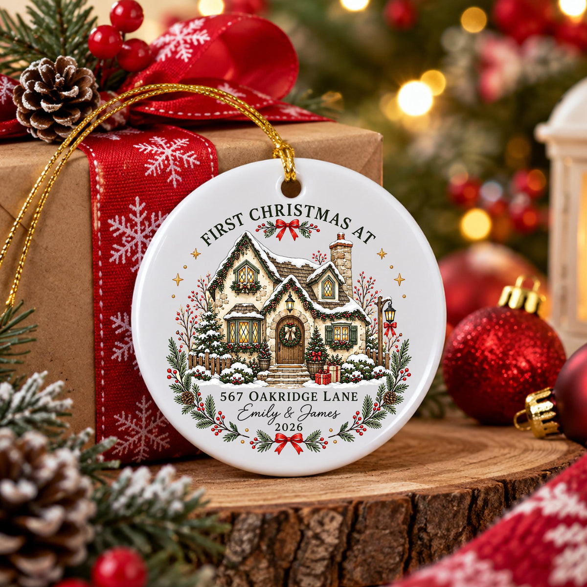 May include: A round white ceramic Christmas ornament featuring a colorful illustration of a snow-covered cottage. The text reads FIRST CHRISTMAS AT, 567 OAKRIDGE LANE, EMILY & JAMES, and 2026. It hangs from a gold string against a festive holiday background.