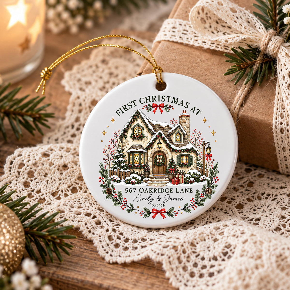 May include: A round white ceramic ornament featuring a colorful illustration of a snow-covered cottage. The text reads FIRST CHRISTMAS AT, 567 OAKRIDGE LANE, EMILY & JAMES, and 2026. It includes a gold hanging string and festive greenery accents.