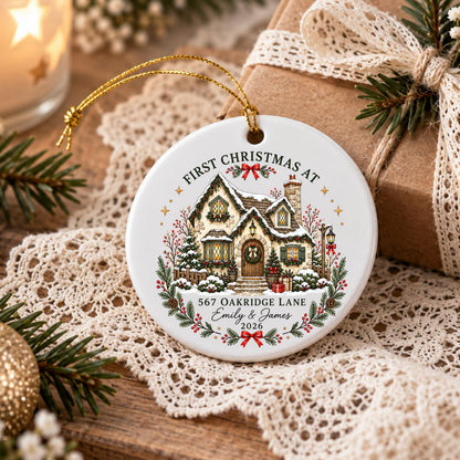 May include: A round white ceramic ornament featuring a colorful illustration of a snow-covered cottage. The text reads FIRST CHRISTMAS AT, 567 OAKRIDGE LANE, EMILY & JAMES, and 2026. It includes a gold hanging string and festive greenery accents.