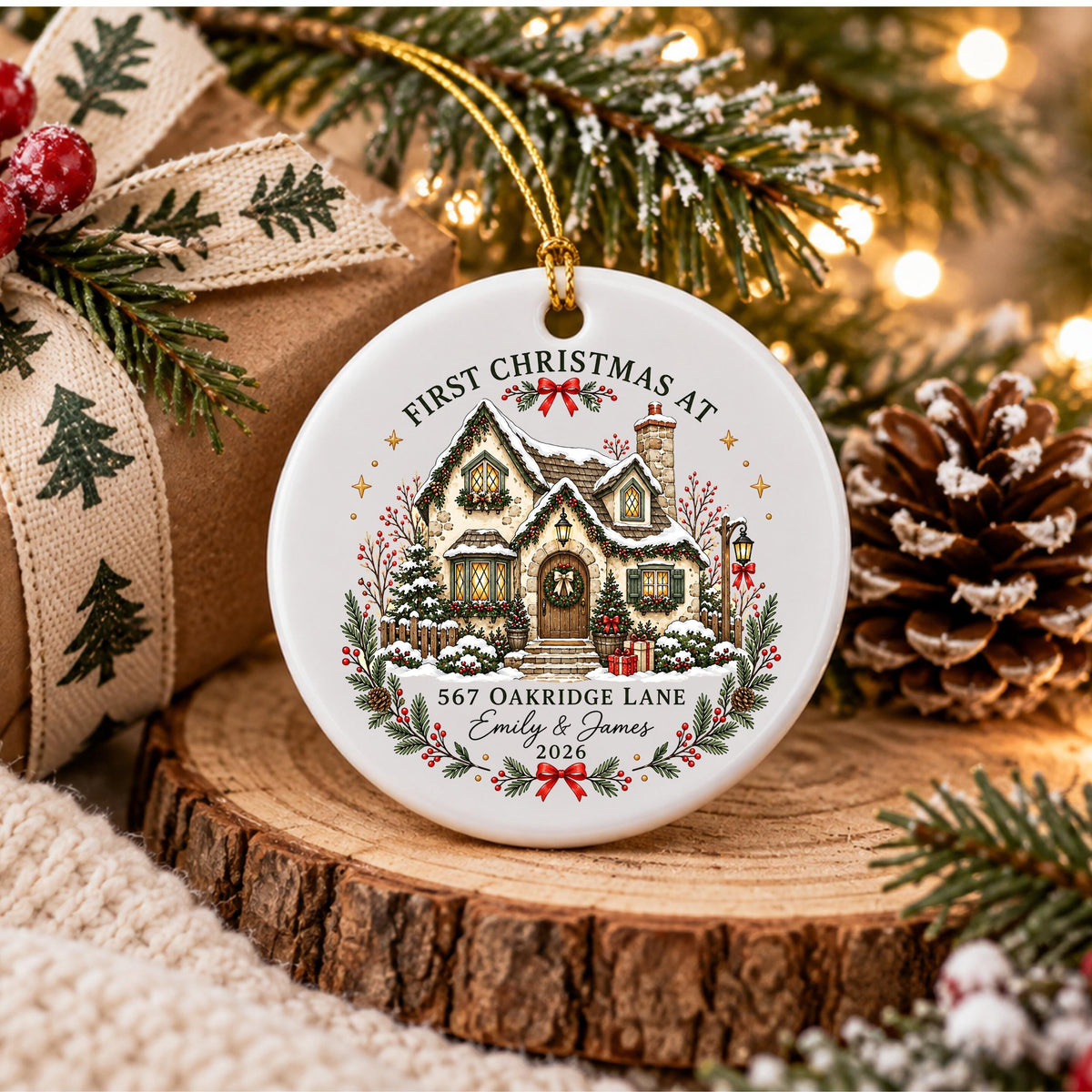 May include: A round white ceramic ornament featuring a colorful illustration of a snow-covered cottage. The text reads FIRST CHRISTMAS AT, 567 OAKRIDGE LANE, EMILY & JAMES, and 2026. It includes a gold hanging string and festive greenery accents.