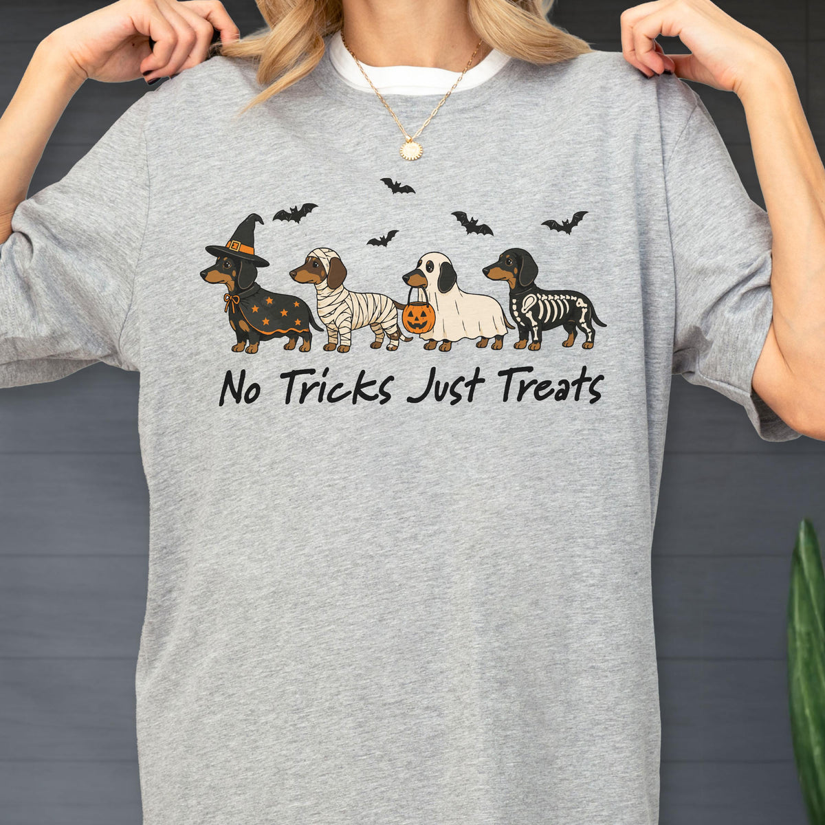 May include: A heather gray t-shirt featuring a graphic of four dachshunds in Halloween costumes: a witch, a mummy, a ghost holding a pumpkin bucket, and a skeleton. Above the dogs are black bats, and below is the text No Tricks Just Treats.
