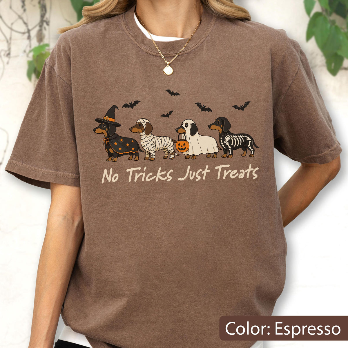 May include: An espresso-colored t-shirt featuring a graphic of four dachshunds in Halloween costumes, including a witch, a mummy, a ghost with a pumpkin bucket, and a skeleton. The text "No Tricks Just Treats" is printed below the dogs.