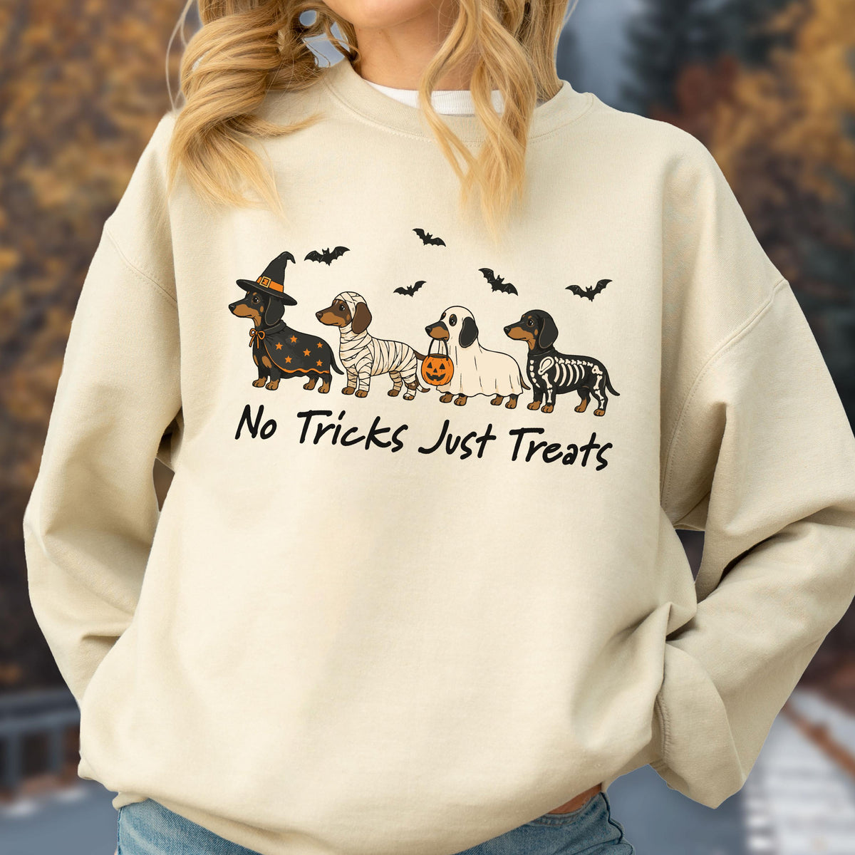 May include: A beige crewneck sweatshirt featuring a graphic of four dachshunds in Halloween costumes, including a witch, mummy, ghost, and skeleton. The text "No Tricks Just Treats" is printed below the dogs, accompanied by small black bats.