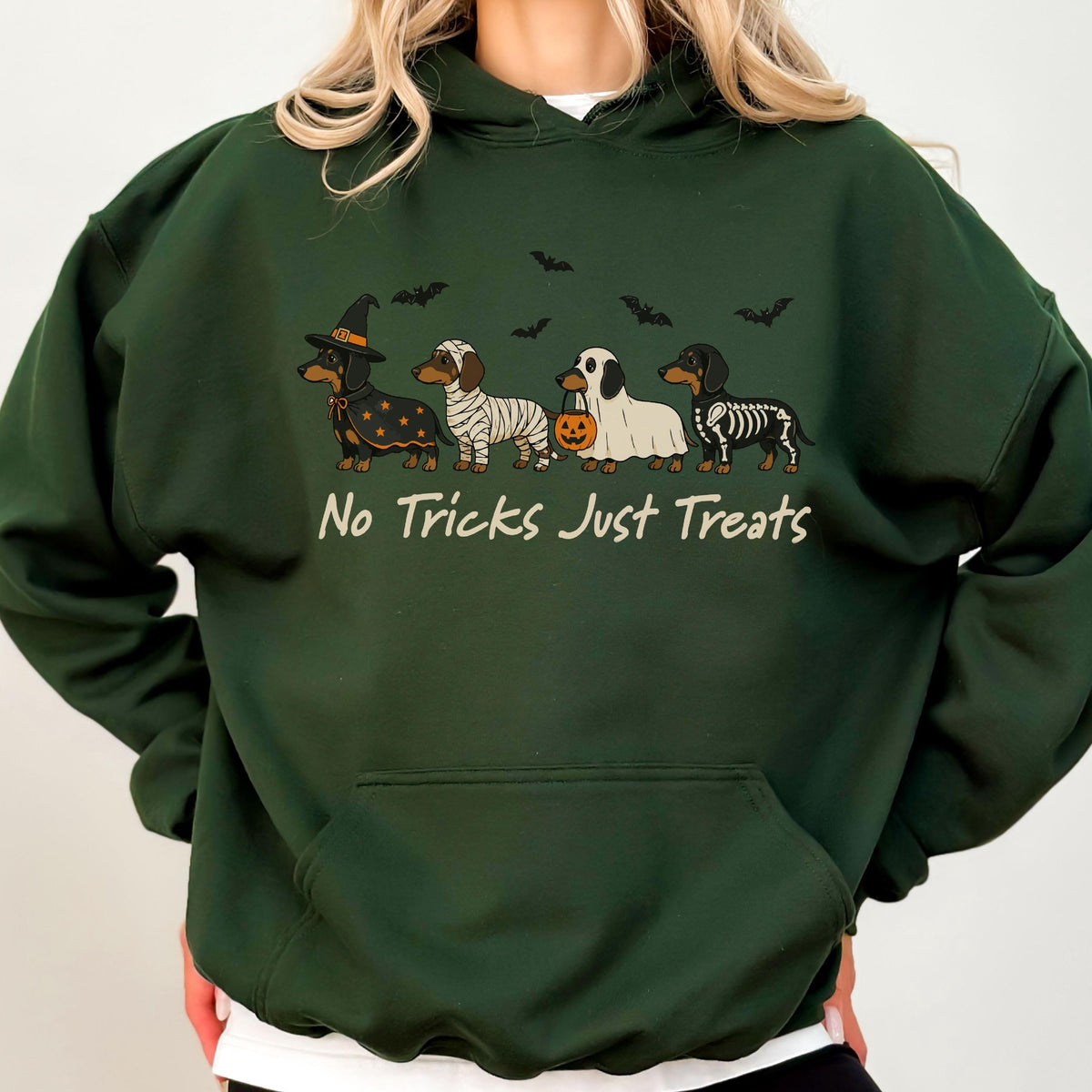 May include: A dark green hooded sweatshirt featuring a graphic of four dachshunds in Halloween costumes, including a witch, a mummy, a ghost holding a pumpkin bucket, and a skeleton. The text "No Tricks Just Treats" is printed below the dogs.