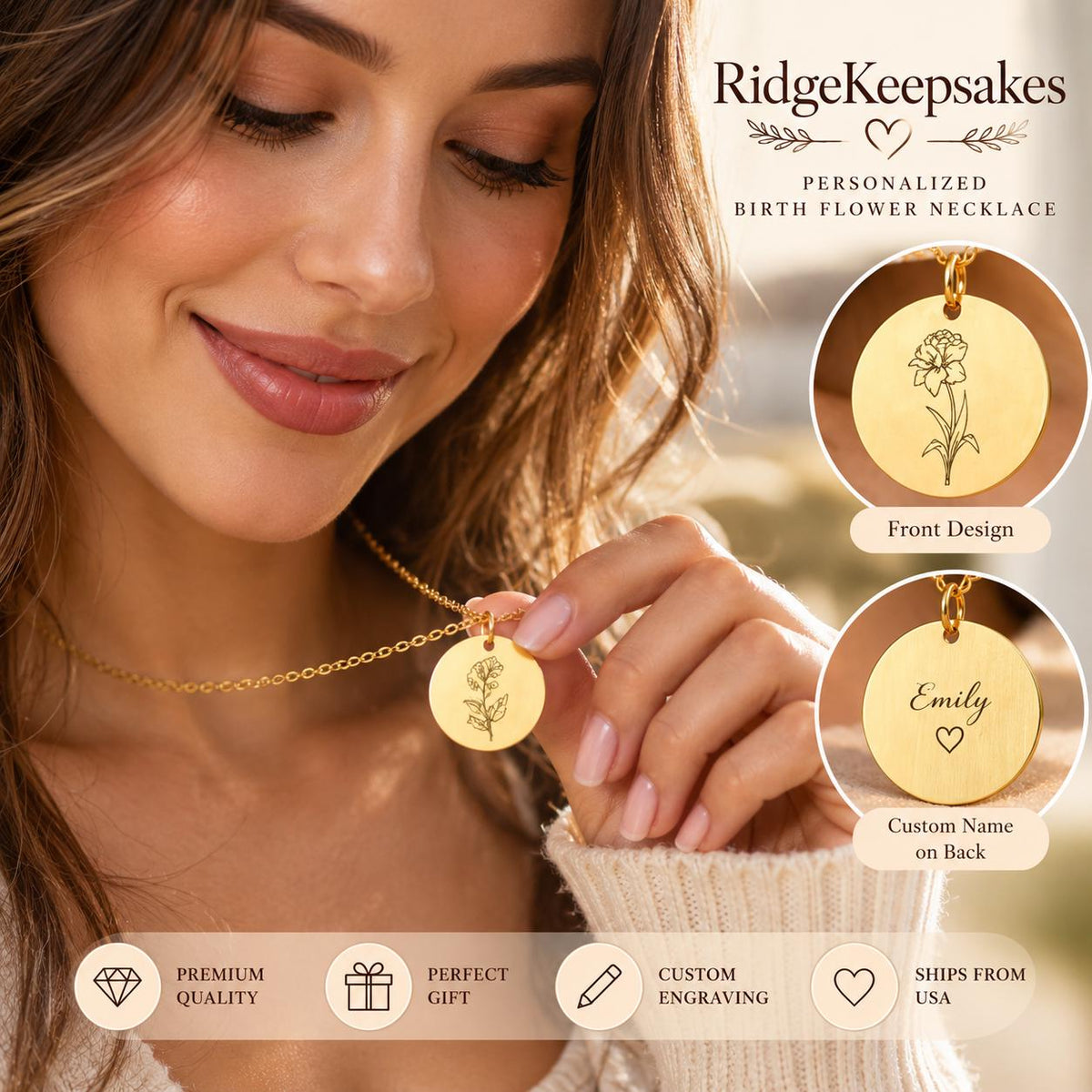 Woman wearing a gold-tone round pendant necklace with an engraved floral design, shown alongside close-up views of the personalized disc necklace.
