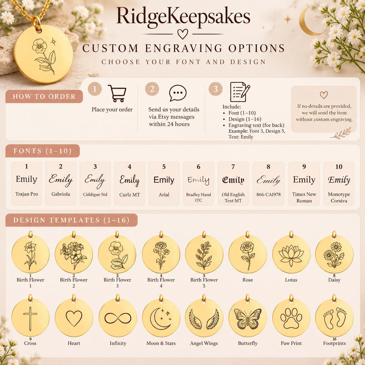 Custom engraving options chart for a personalized round pendant necklace, showing script lettering examples, birth flower designs, and decorative symbols.