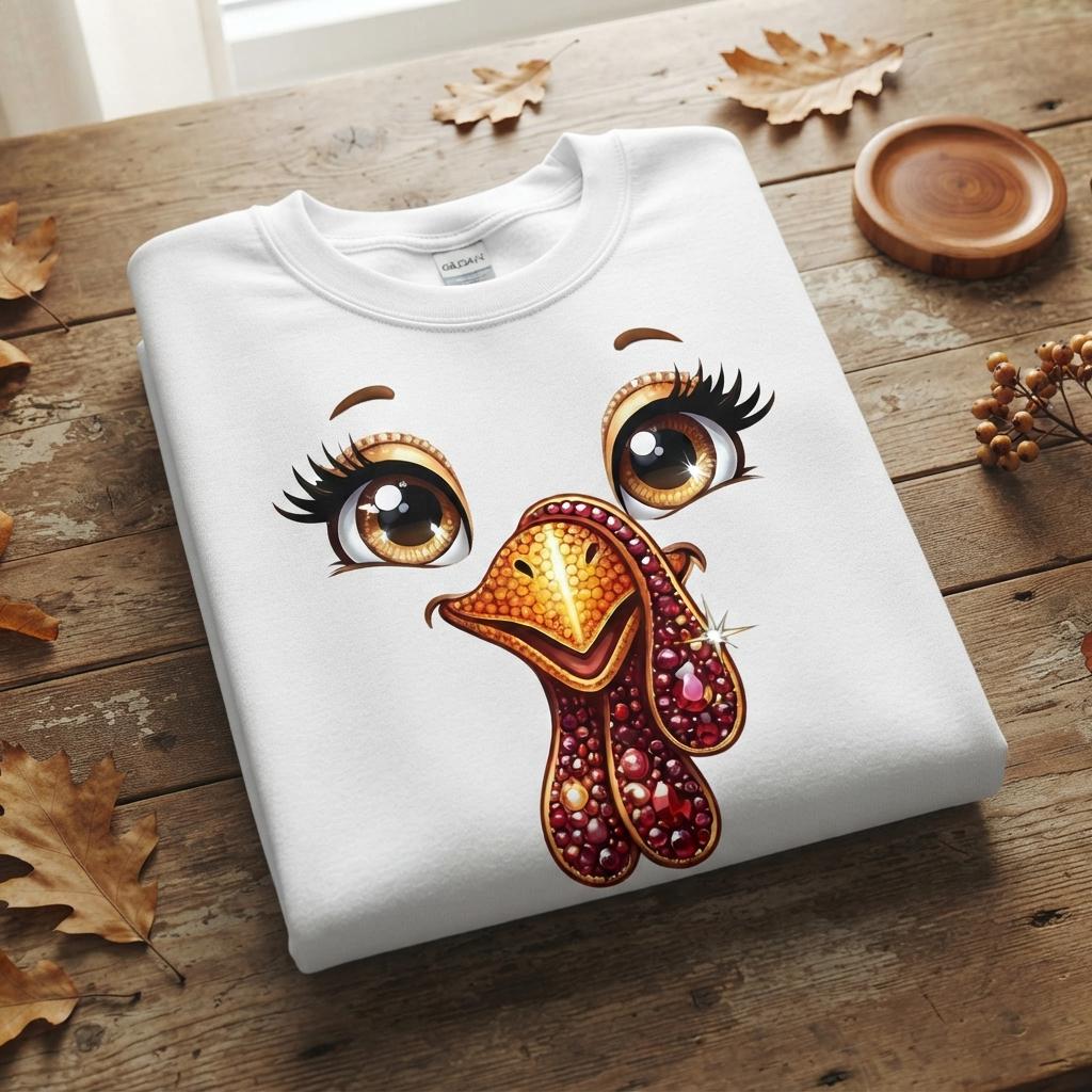 May include: A white crewneck sweatshirt featuring a graphic print of a turkey face. The turkey has large brown eyes with long black eyelashes, a golden beak, and a wattle decorated with red, pink, and gold jewel-like circular patterns.