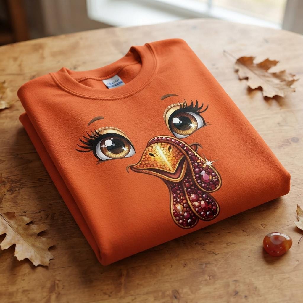 May include: An orange crewneck sweatshirt featuring a graphic print of a turkey face with large brown eyes, long eyelashes, and a textured, jewel-toned wattle in shades of gold, red, and purple. The design is centered on the front of the garment.