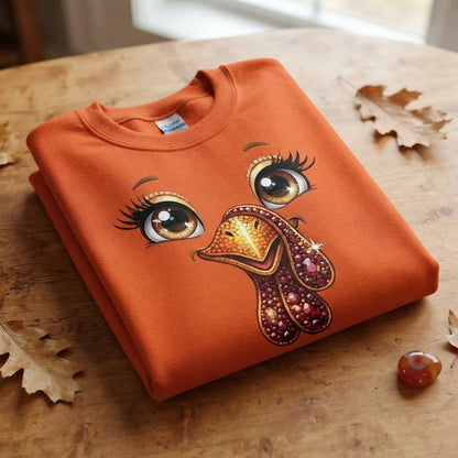 May include: An orange crewneck sweatshirt featuring a graphic print of a turkey face with large brown eyes, long eyelashes, and a textured, jewel-toned wattle in shades of gold, red, and purple. The design is centered on the front of the garment.