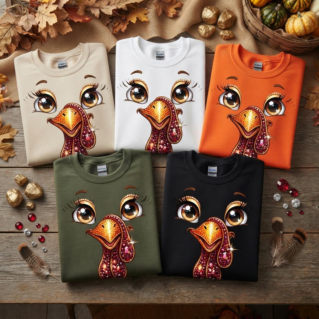 May include: Five crewneck sweatshirts in beige, white, orange, olive green, and black. Each features a graphic of a turkey face with large brown eyes, long eyelashes, and a textured, sparkling orange and red beak and wattle design.